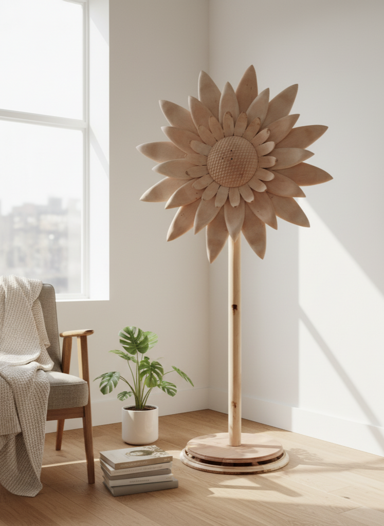 HarmatJaggi Handcrafted Wooden Sunflower Floor Sculpture – 6 ft | Turkish Craft, Dubai Finish