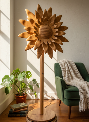 HarmatJaggi Handcrafted Wooden Sunflower Floor Sculpture – 6 ft | Turkish Craft, Dubai Finish
