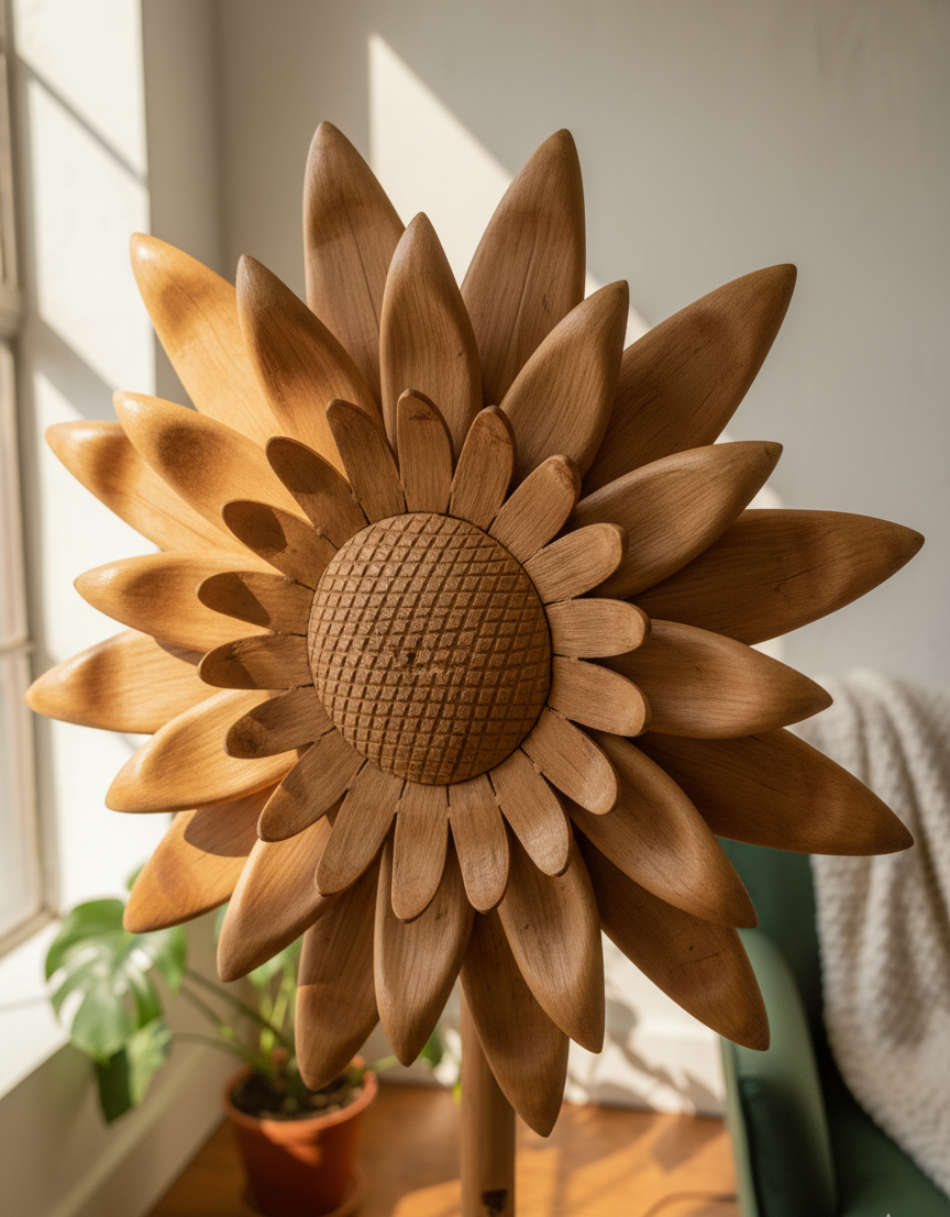 HarmatJaggi Handcrafted Wooden Sunflower Floor Sculpture – 6 ft | Turkish Craft, Dubai Finish