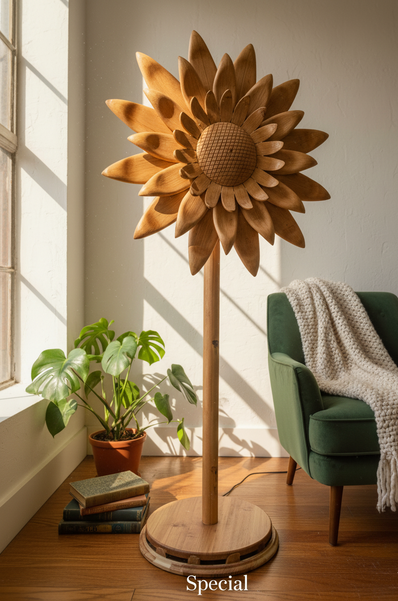 HarmatJaggi Handcrafted Wooden Sunflower Floor Sculpture – 6 ft | Turkish Craft, Dubai Finish