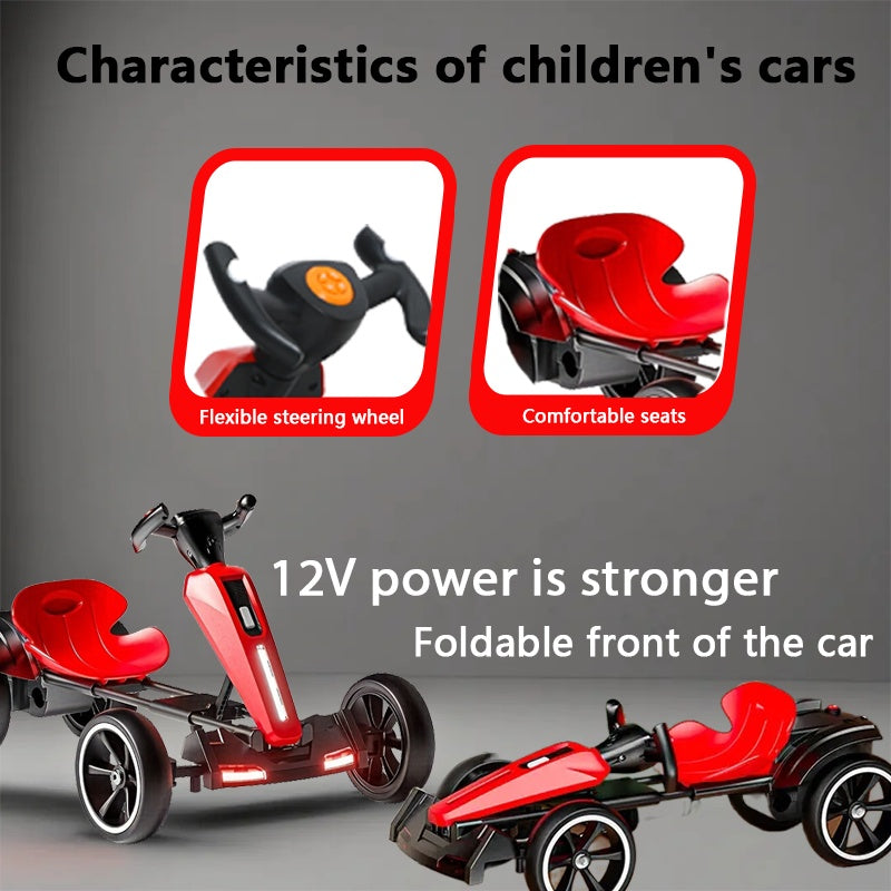 12V Electric Kids Pedal Go Kart, Folder Go Kart, Outdoor Ride On Toy With Adjustable Seat, 4 Non-Slip EVA Wheels For Boys And Girls For Age 3-8 Years Old
